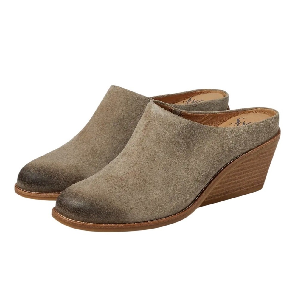 SOFFT Taupe Suede Wedge Nicki Mule Shoes Low Block Heel Slip On 11 Western Boho